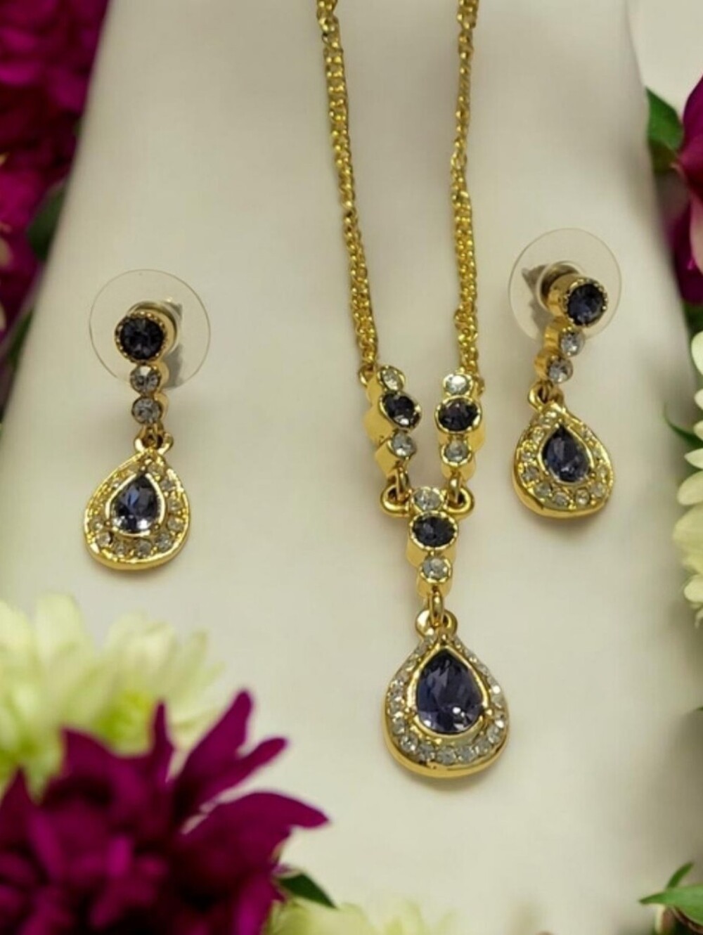Gold-Tone Teardrop Necklace & Earring Set with Purple Stones
